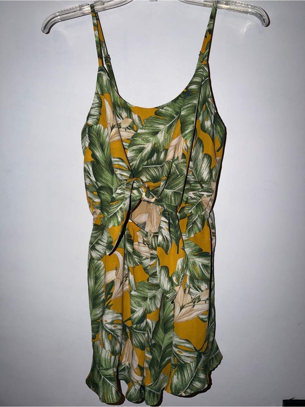Tropical Leaf Print Spaghetti Strap Dress - Mustard Green